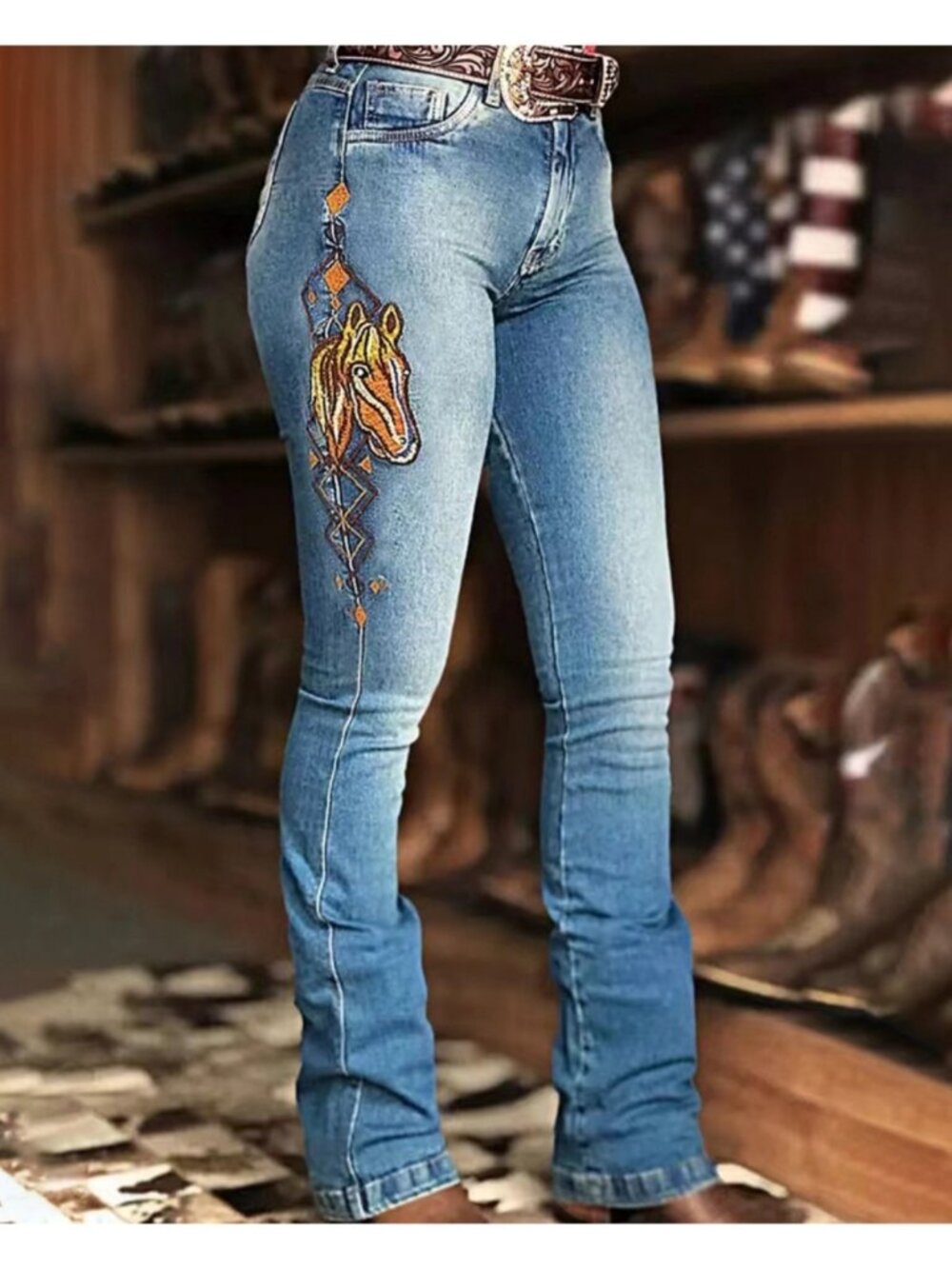 Flamingals Horse Embroidery High Waist Bootcut Jeans Western Boho Large 10-12